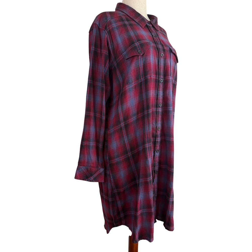 KAVU Shirt Dress Womens XXL Red Blue Plaid Flannel Button Up Elbow Patches